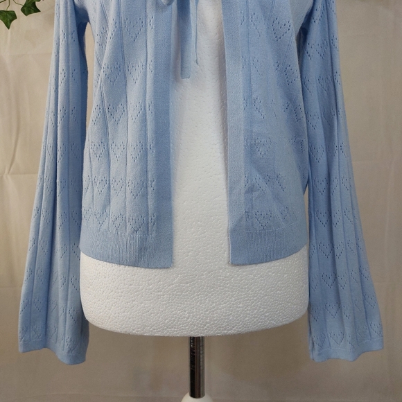 Nobody's Child Cardigan Light Blue Tie Front Hearts Pattern Bell Sleeve Size 14 - Picture 3 of 8